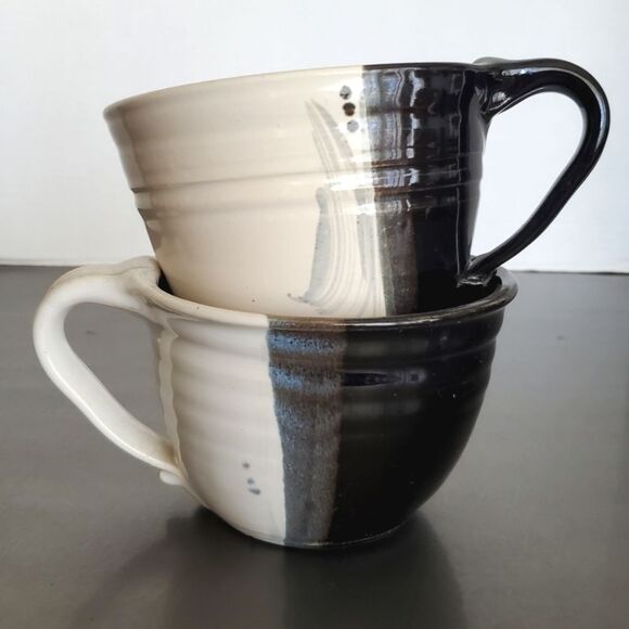 Studio Art Pottery Oversized Ceramic Coffee Mugs Black White Artist Signed - Picture 1 of 12